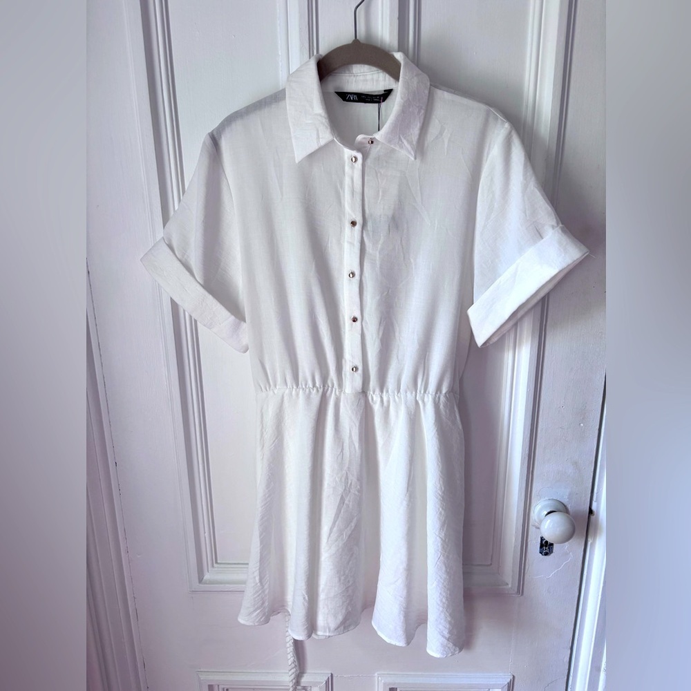 Women’s Zara Short Sleeve White NWT Elastic Waist 1/2Button Shirt Dress Large
